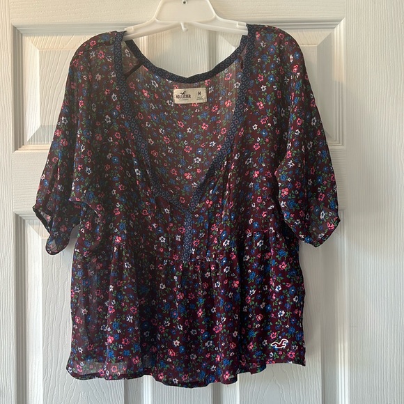 Hollister semi sheer cropped baby doll top burgundy floral print - Picture 1 of 6